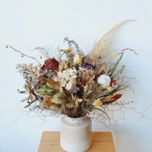 Dried flower arrangement in vase, earthy natural tones, ready-to-display décor piece handmade in Christchurch