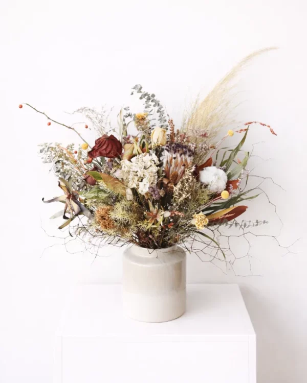 Dried flower arrangement in vase, earthy natural tones, ready-to-display décor piece handmade in Christchurch