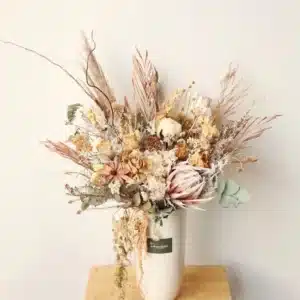 Tall dried flower arrangement in vase, neutral earthy tones, large decorative display handmade in Christchurch