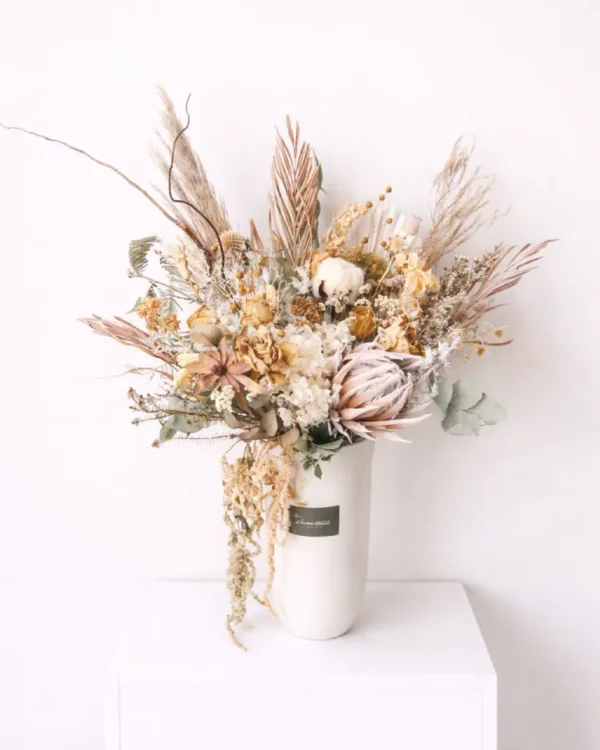 Tall dried flower arrangement in vase, neutral earthy tones, large decorative display handmade in Christchurch