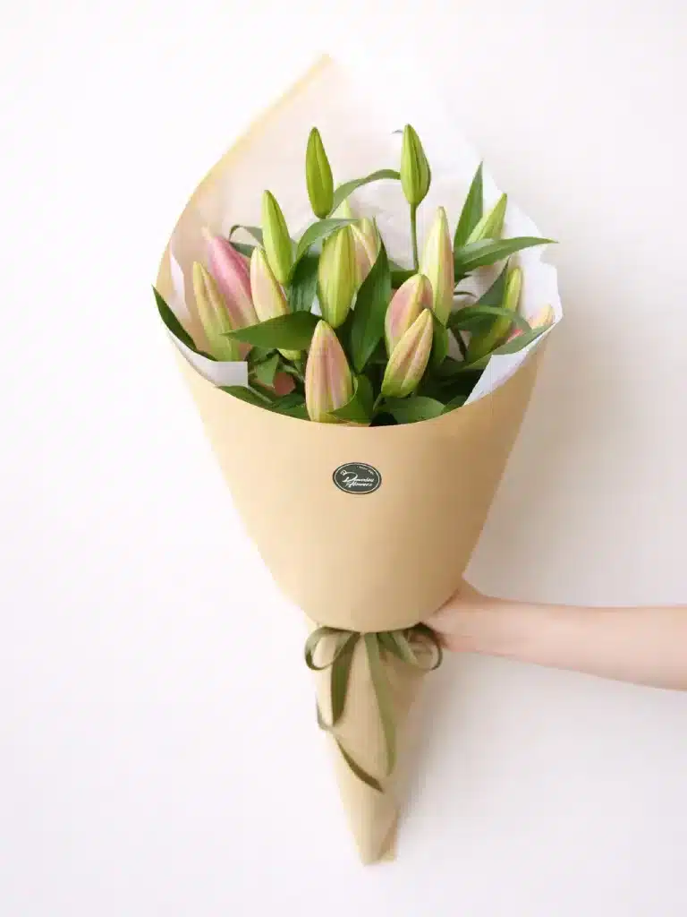Pink oriental lilies delivered in bud, wrapped and styled by a Christchurch florist