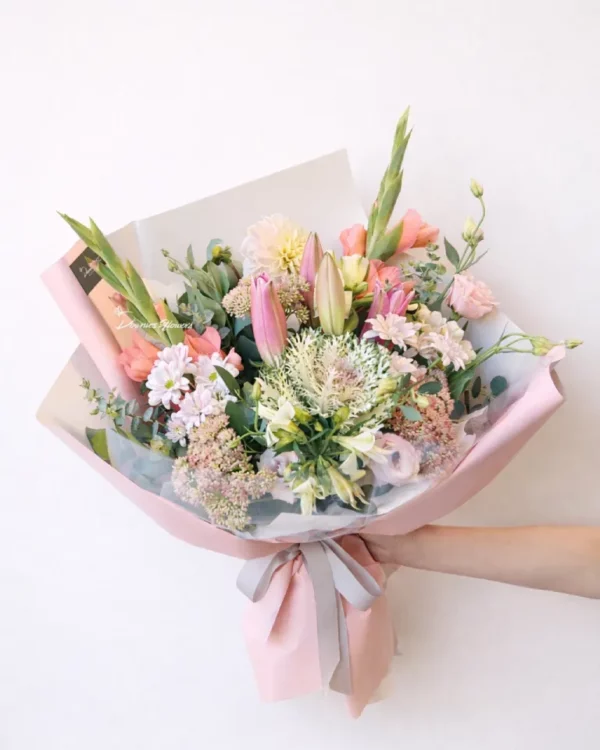 pop bouquet christchurch soft pink seasonal flowers wrapped bouquet