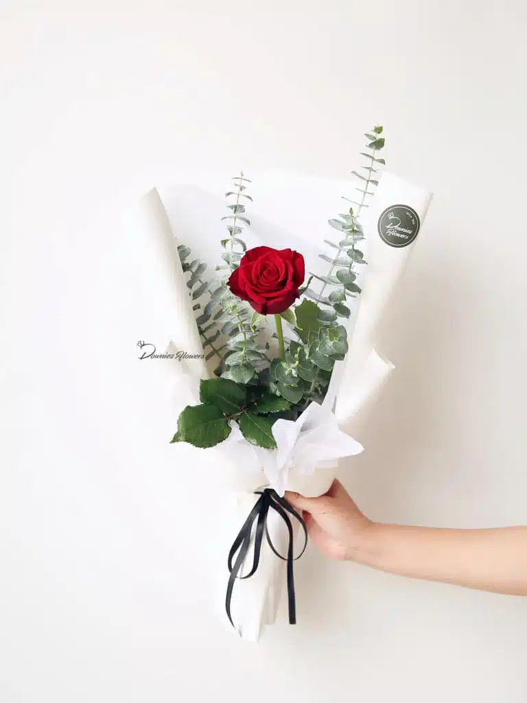 single red rose bouquet wrapped with foliage – The One, Christchurch florist