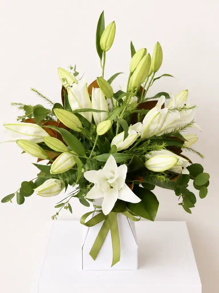 White oriental lily flower arrangement in vox – Christchurch florist delivery