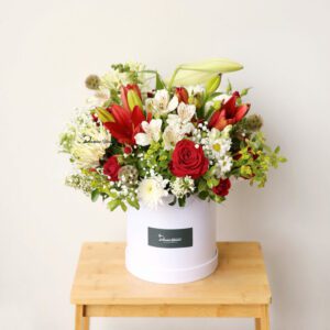 Boxed Love Christmas Garden arrangement with festive red, green, and white seasonal flowers – Christchurch florist