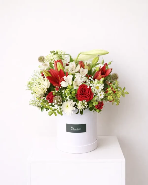 Boxed Love Christmas Garden arrangement with festive red, green, and white seasonal flowers – Christchurch florist