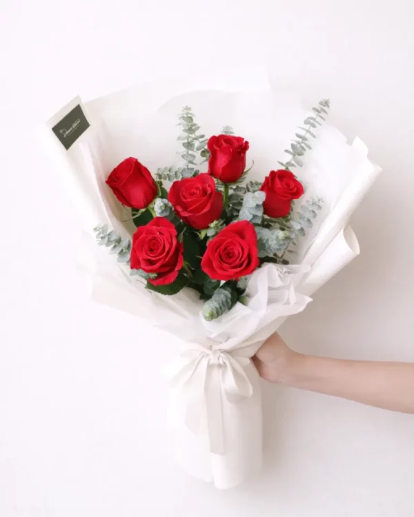 Be Mine – 6 red roses bouquet with seasonal foliage, elegant romantic flower gift in Christchurch