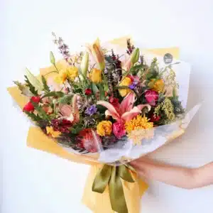 Avantgarde wrapped bouquet with premium seasonal flowers arranged in a modern, structured style – Christchurch florist