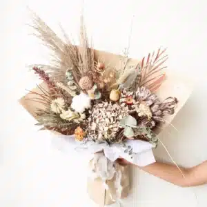 Custom dried flower bouquet in warm natural tones, personalised colour selection, handcrafted in Christchurch