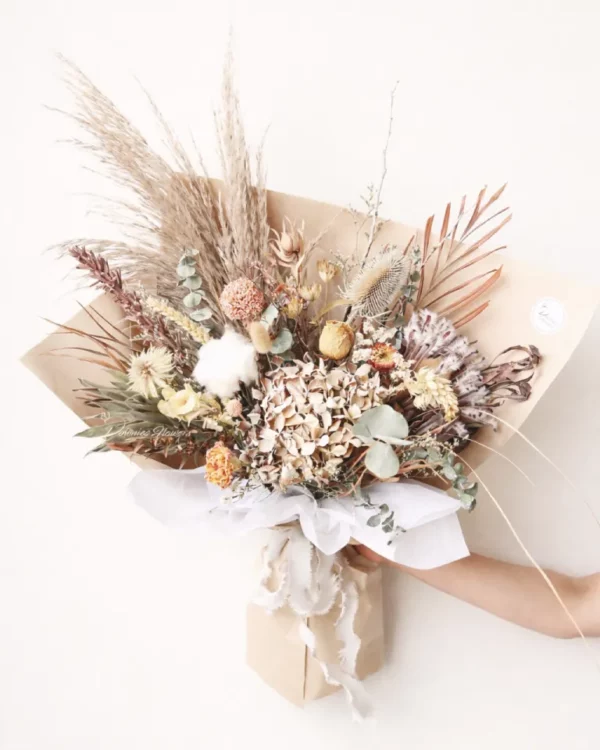 Custom dried flower bouquet in warm natural tones, personalised colour selection, handcrafted in Christchurch