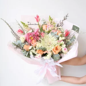 Surreal wrapped bouquet with premium seasonal flowers arranged in an expressive, artistic style – Christchurch florist