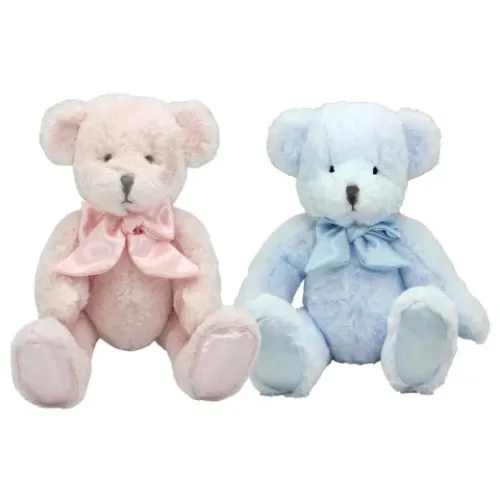 Cassidy Bear soft teddy bear in blue or pink with satin ribbon bow add-on gift